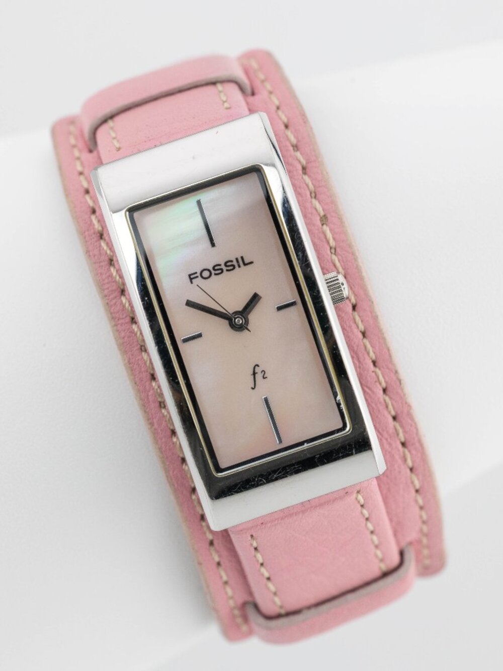 Fossil F2 Pink MOP Dial Leather Cuff Quartz Analog Women's Watch New Battery